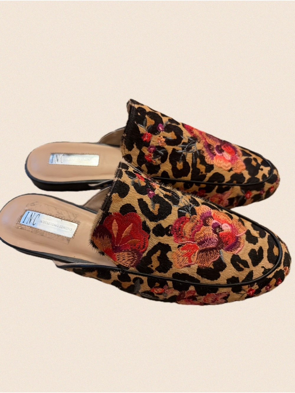 INC International Concepts Leopard Print Mules w/ Floral Embroidery